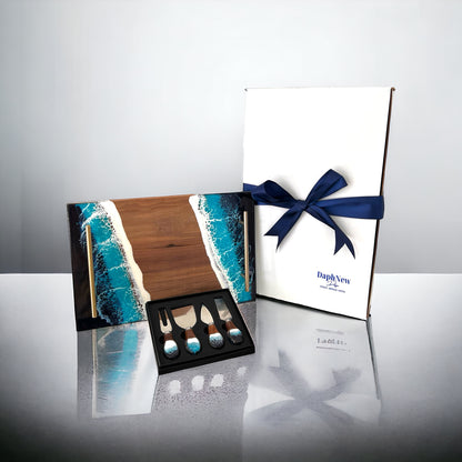 Ocean Resin Tray and Matching Walnut Cheese Knives Gift Set Personalized