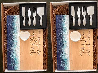 Resin Cutting Board Ocean Epoxy Charcuterie Board Personalized Engagement Gift Box Couple Wedding Gift Box SILVER  Set Wood Gift for Parents