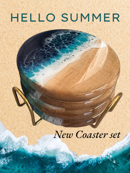 Personalized Ocean Resin Wood Coasters,  Beach House Nautical Coastal Decor