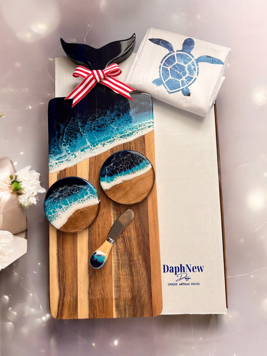 Whale Tail Cutting Board Gift Set with Ocean Resin Design