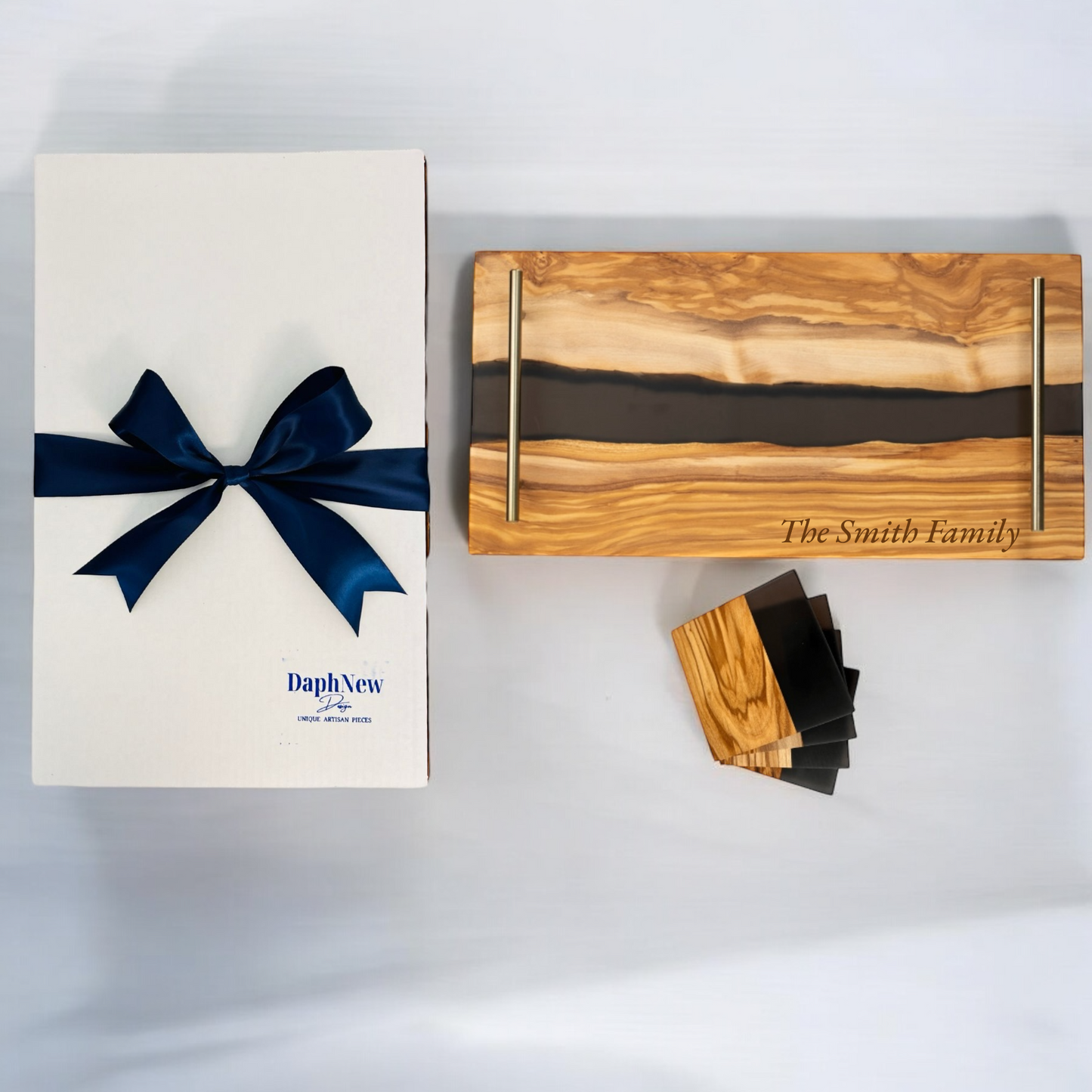 Resin River Olive Wood Tray with Matching Resin Coaster Set / Olive Black Gift Set