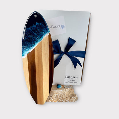 Surfboard Cutting Board and Cheese Knife Set with Resin Ocean Wave