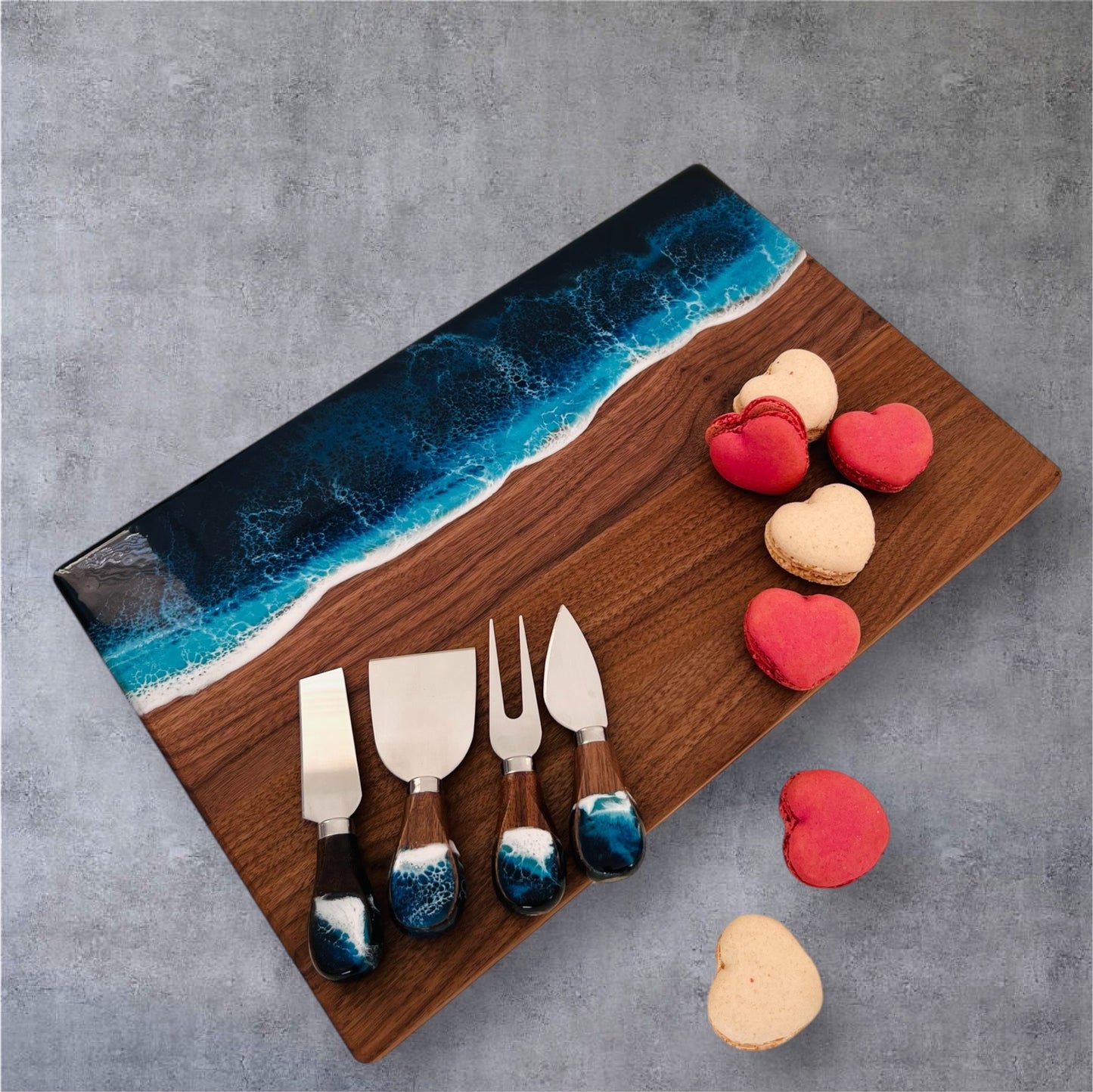 Personalized Walnut Ocean Resin Charcuterie Board with Cheese Knife Set