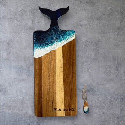 Whale Tail Charcuterie Board with Knife , Complete Cheese Board Set with Ocean Wave Resin