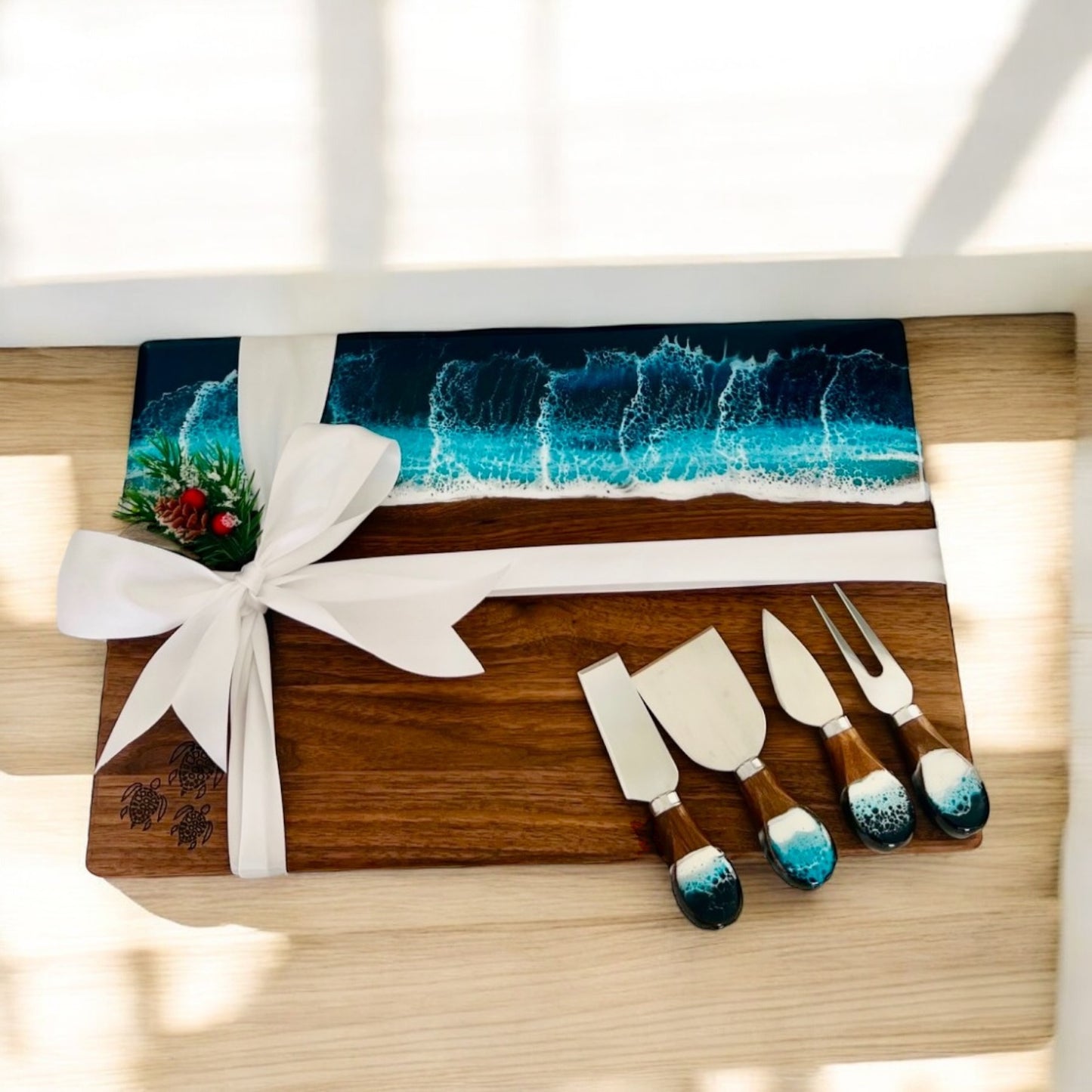 Personalized Walnut Ocean Resin Charcuterie Board with Cheese Knife Set