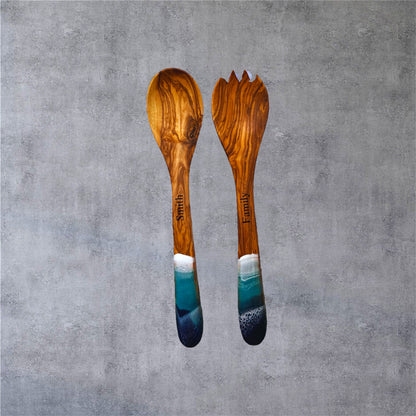 Olive Wood Salad Server Set with Ocean Resin – Personalized Spoon Gift Set