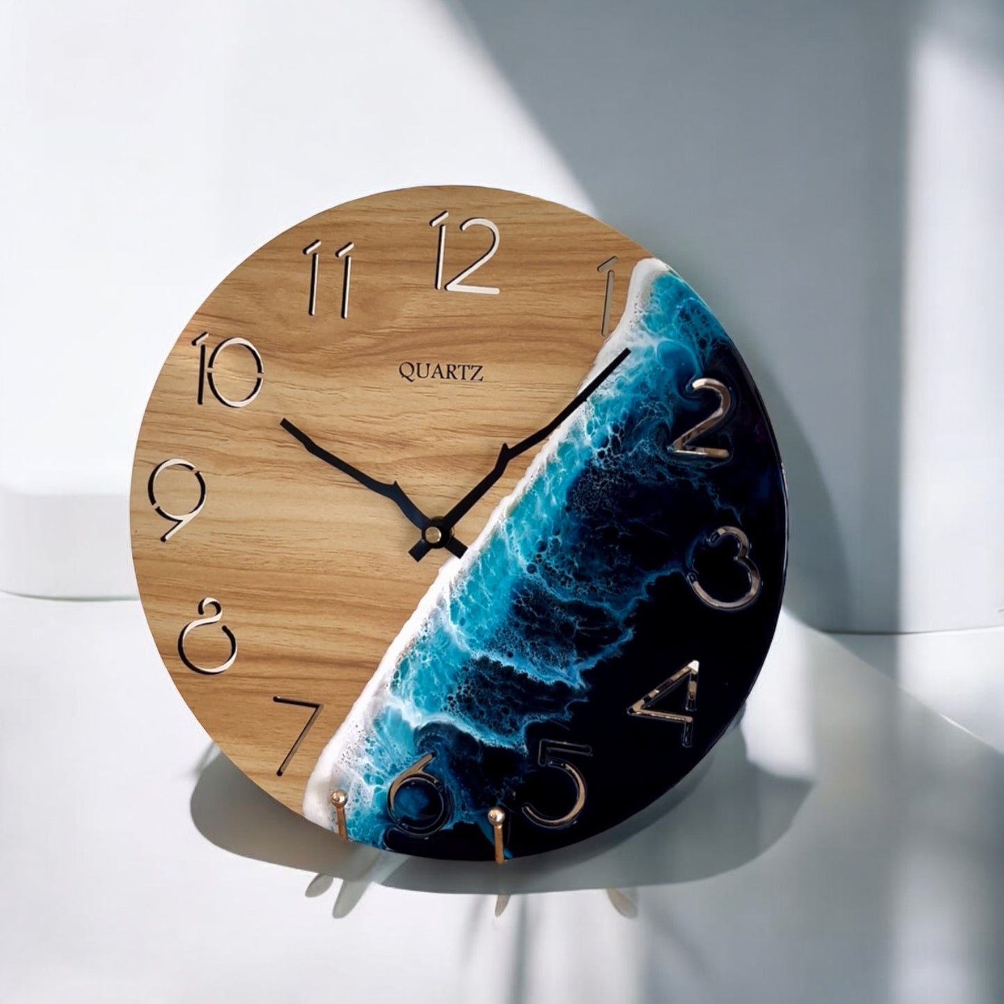 Round Wooden Wall Clock With Handmade Resin Effect Wave Art