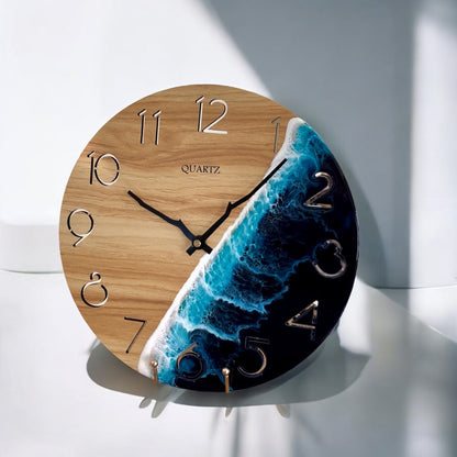 Round Wooden Wall Clock With Handmade Resin Effect Wave Art