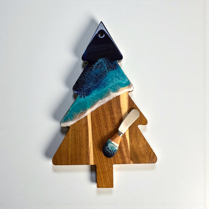 Christmas Tree Shape Ocean Resin Cheese Board and Cheese Knife Gift Set