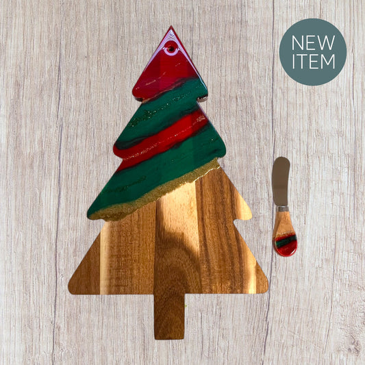 Christmas Tree Shape Festive Resin Cheese Board with Knife Gift Set