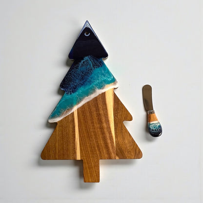 Christmas Tree Shape Ocean Resin Cheese Board and Cheese Knife Gift Set