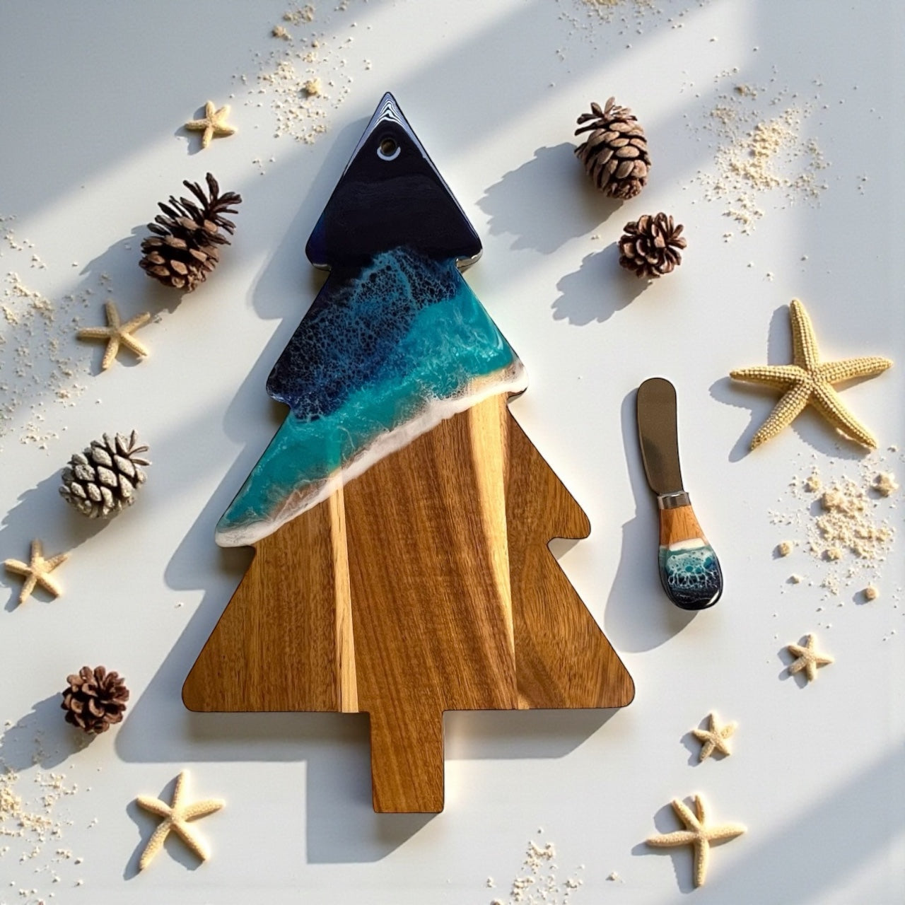 Christmas Tree Shape Ocean Resin Cheese Board and Cheese Knife Gift Set