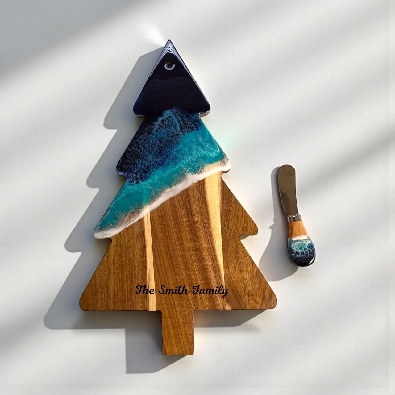 Christmas Tree Shape Ocean Resin Cheese Board and Cheese Knife Gift Set
