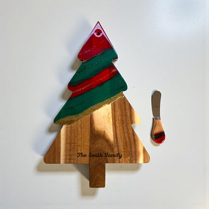 Christmas Tree Shape Festive Resin Cheese Board with Knife Gift Set
