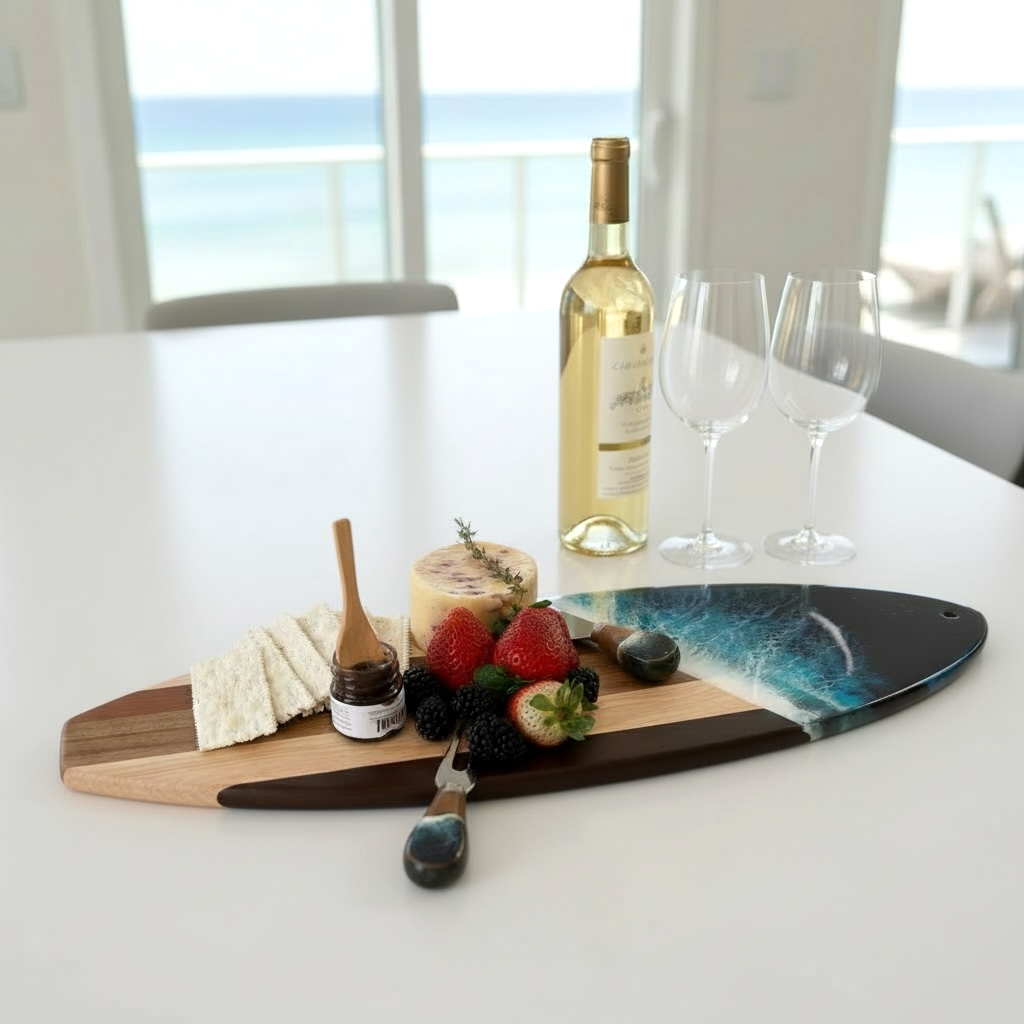 Surfboard Cutting Board and Cheese Knife Set with Resin Ocean Wave