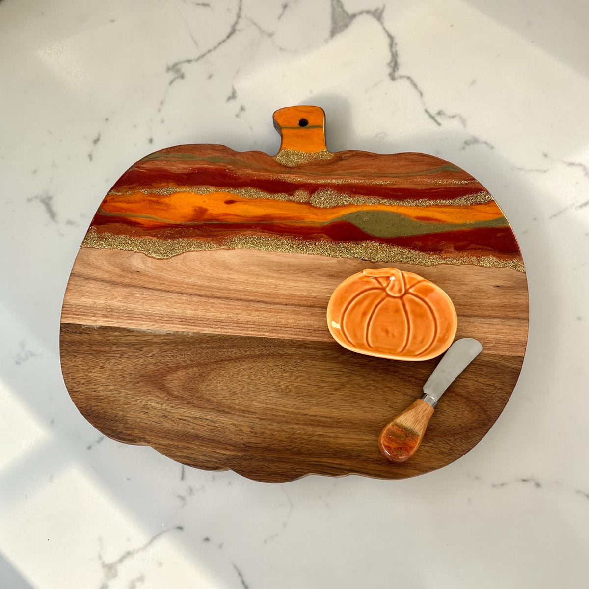 Fall Cutting Board, Pumpkin-Shaped Resin Cheese Board Set with Knife