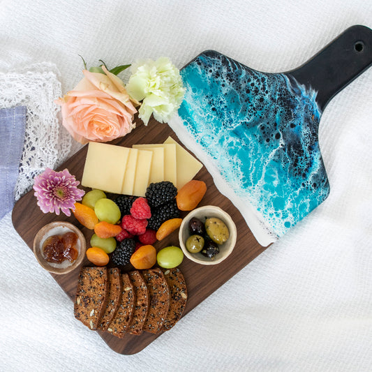 Walnut Wood Cutting Board with Resin Ocean Realistic Blue Wave Art