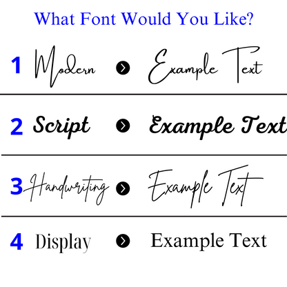Daphnew Design personalized breakfast tray font options featuring modern, script, handwriting, and display styles.