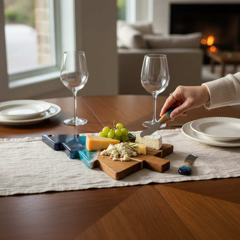 Daphnew Design Christmas tree shaped acacia wood cheese board with blue ocean resin and matching cheese knife set.