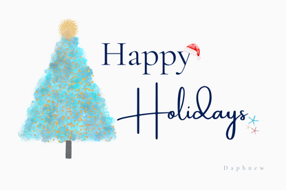Daphnew Design holiday greeting card featuring a blue watercolor Christmas tree with gold accents and a Santa hat.