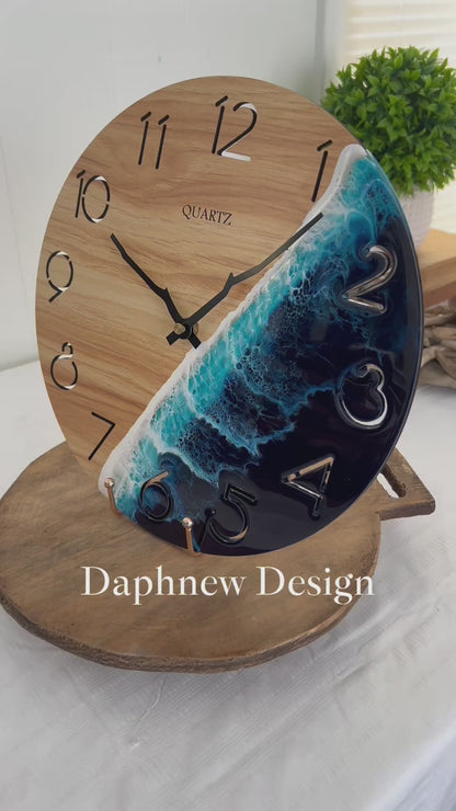 Round Wooden Wall Clock With Handmade Resin Effect Wave Art
