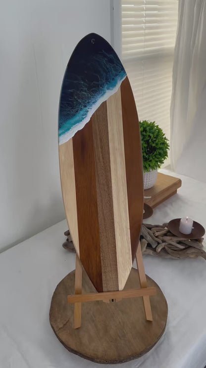 Surfboard Cutting Board and Cheese Knife Set with Resin Ocean Wave