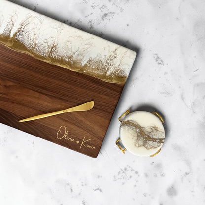 Personalized White & Gold Resin Charcuterie Board, Luxury Wedding Gift