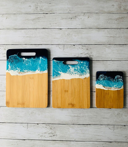 Personalized Bamboo Cutting Board with Resin Ocean Wave Art, Cheese & Charcuterie Board