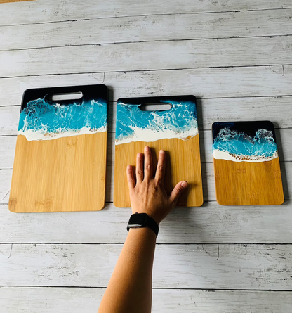 Personalized Bamboo Cutting Board with Resin Ocean Wave Art, Cheese & Charcuterie Board