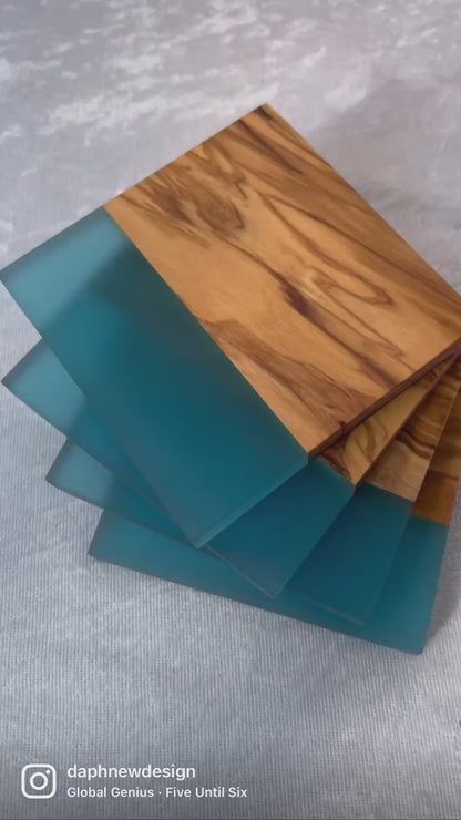 Personalized Resin River Coasters – Olive Wood and Epoxy Coaster Set -Blue