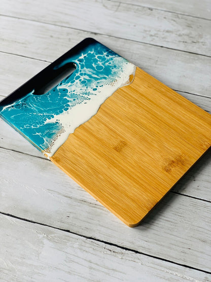 Personalized Bamboo Cutting Board with Resin Ocean Wave Art, Cheese & Charcuterie Board