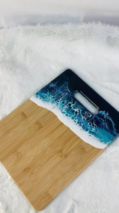 Personalized Bamboo Cutting Board with Resin Ocean Wave Art, Cheese & Charcuterie Board