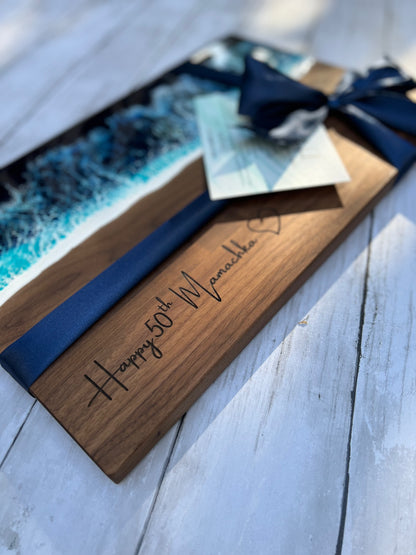 Personalized Walnut Ocean Resin Charcuterie Board with Cheese Knife Set