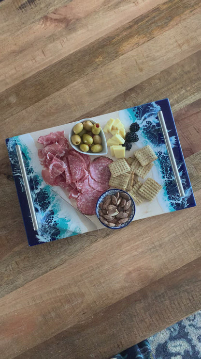 Ocean Resin Walnut Serving and Charcuterie Board Tray With Champaign Gold Handles