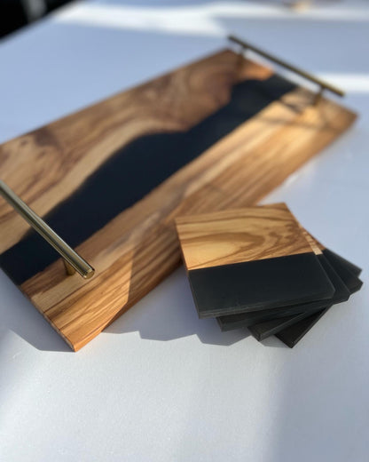 Resin River Olive Wood Tray with Matching Resin Coaster Set / Olive Black Gift Set