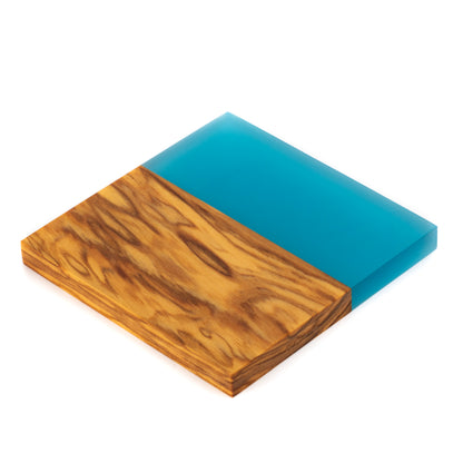 Personalized Resin River Coasters – Olive Wood and Epoxy Coaster Set -Blue