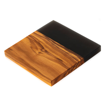 Personalized Resin River Coasters – Olive Wood and Epoxy Coaster Set -Black