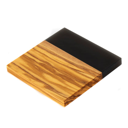 Personalized Resin River Coasters – Olive Wood and Epoxy Coaster Set -Black