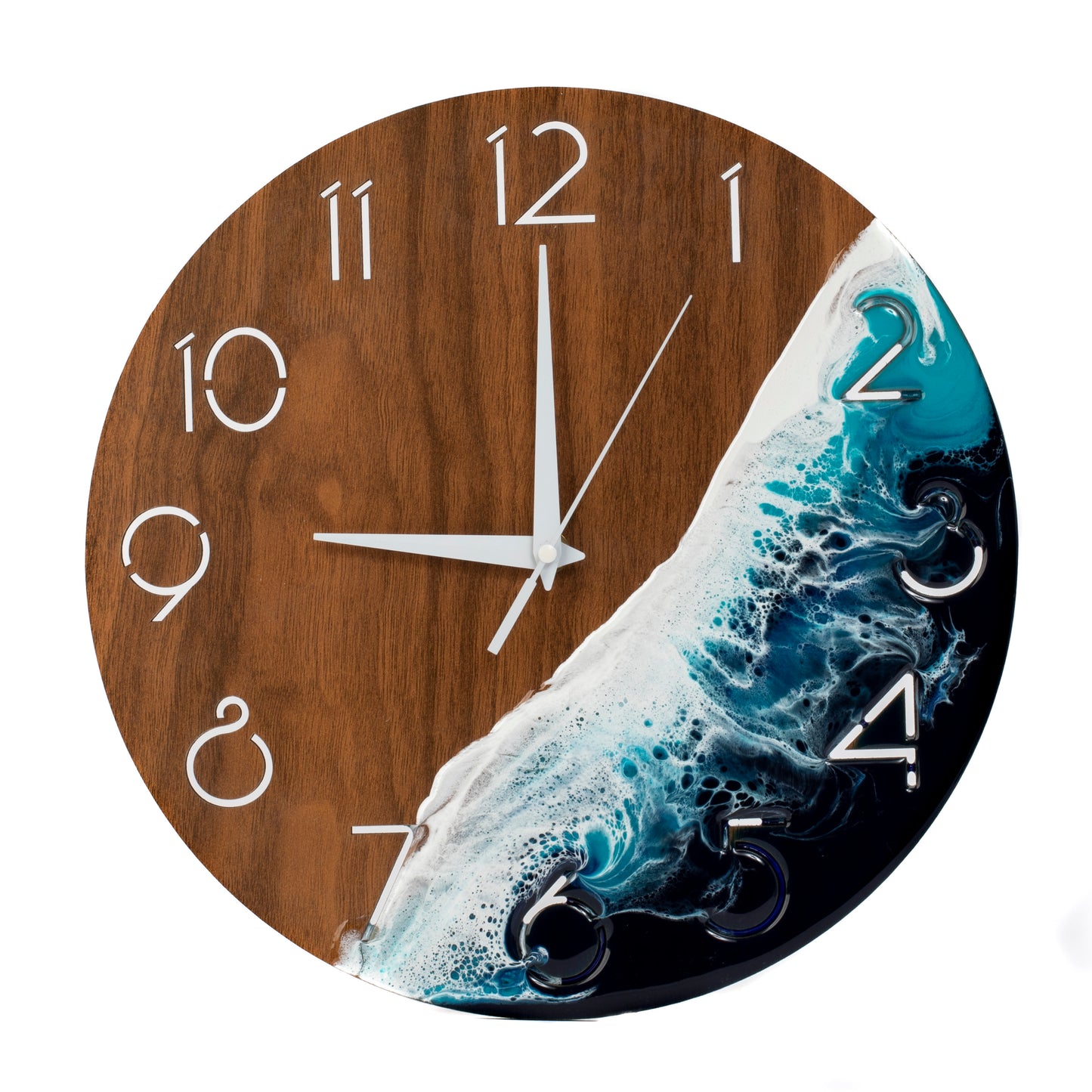 Round Wooden Wall Clock With Handmade Resin Effect Wave Art