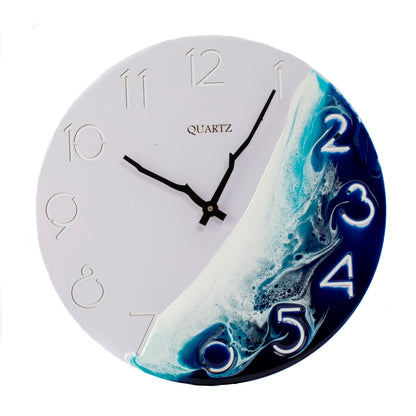 Round Wooden Wall Clock With Handmade Resin Effect Wave Art