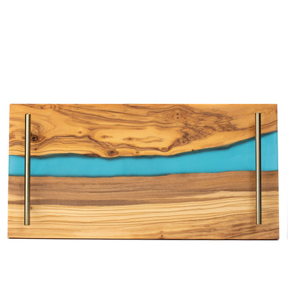 Resin River Olive Wood Tray with Matching Resin Coaster Set / Olive Blue Gift Set