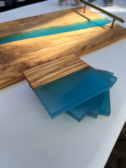 Personalized Resin River Coasters – Olive Wood and Epoxy Coaster Set -Blue