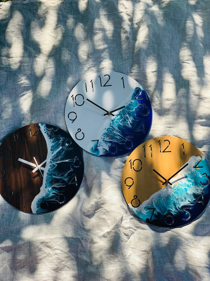Round Wooden Wall Clock With Handmade Resin Effect Wave Art