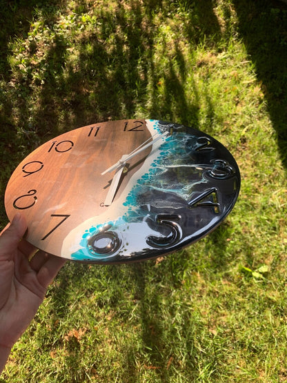 Round Wooden Wall Clock With Handmade Resin Effect Wave Art